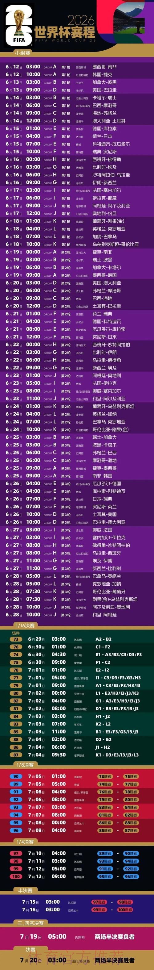 2026年世界杯赛程安排及详细时间表 2026年世界杯赛程安排及详细时间表